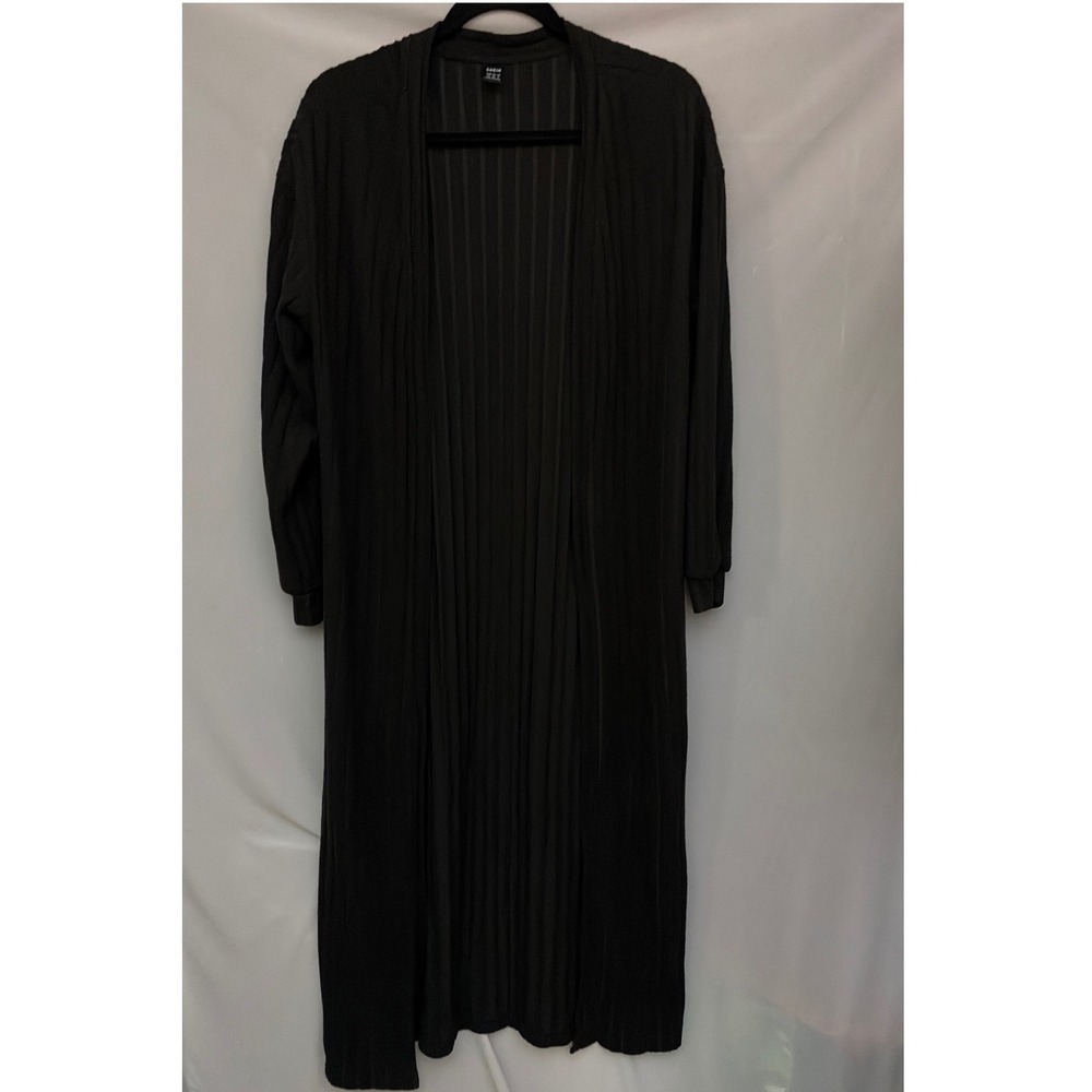 SHEIN Black Ribbed Knit Longline Duster Cardigan Open Front Long Sleeve Medium